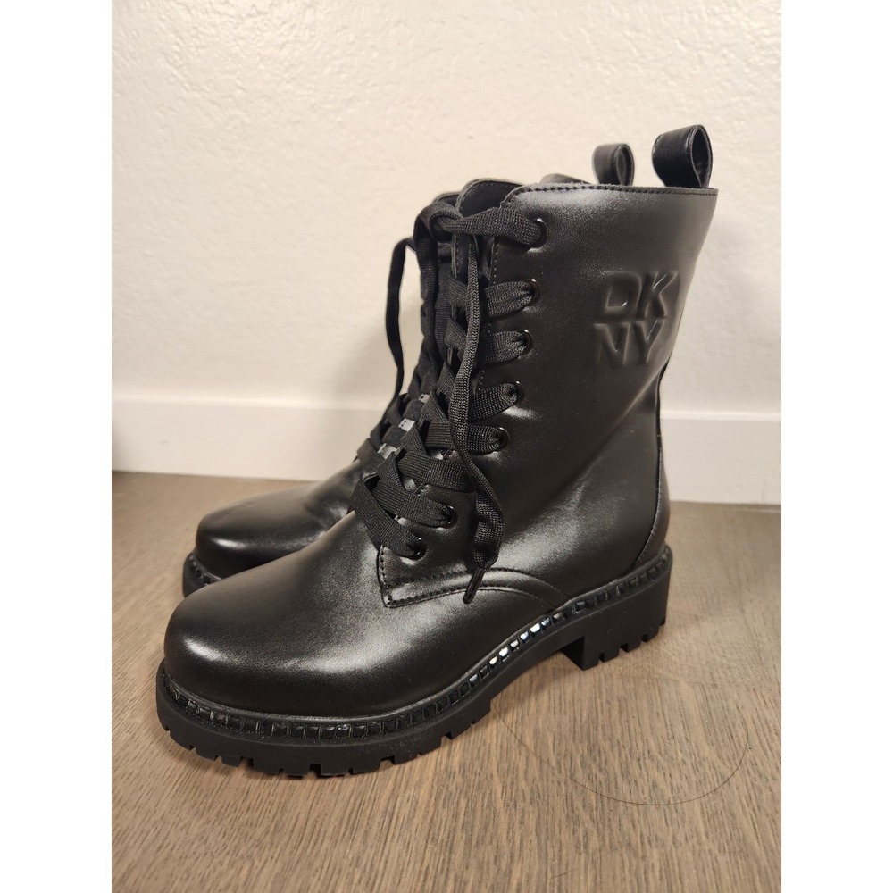 New $169 DKNY womens Rommily Lace Up Combat Boot With Studs Rhineones Black